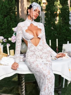 Dresses|Maxi Dresses*Mew Mews Fashion Edalene Long Slevee Flower Cutout Lace Maxi Dress