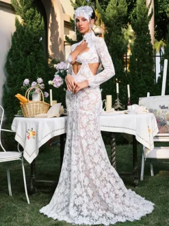 Dresses|Maxi Dresses*Mew Mews Fashion Edalene Long Slevee Flower Cutout Lace Maxi Dress
