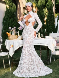 Dresses|Maxi Dresses*Mew Mews Fashion Edalene Long Slevee Flower Cutout Lace Maxi Dress