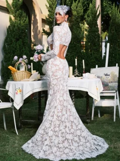 Dresses|Maxi Dresses*Mew Mews Fashion Edalene Long Slevee Flower Cutout Lace Maxi Dress