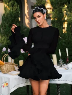 Dresses|Mini Dresses*Mew Mews Fashion Edsel Flare Sleeve Button Mini Dress In Black