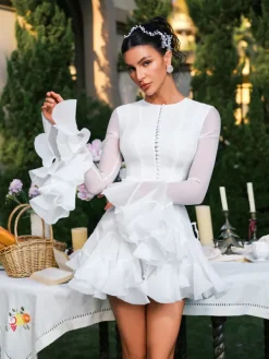 Dresses|Mini Dresses*Mew Mews Fashion Edsel Flare Sleeve Button Mini Dress In White