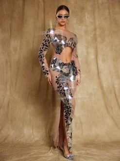 Embellishment|Dresses*Embellishment Edwina Long Sleeve Acrylic Cutout Mesh Maxi Dress