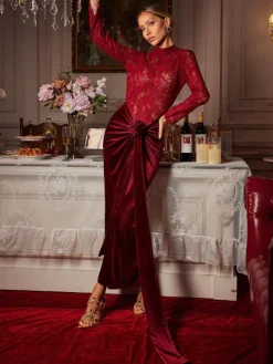 Maxi Dresses|Dresses*Mew Mews Fashion Eldrian Flower Ruched Split Lace Velvet Maxi Dress