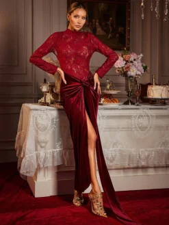 Maxi Dresses|Dresses*Mew Mews Fashion Eldrian Flower Ruched Split Lace Velvet Maxi Dress