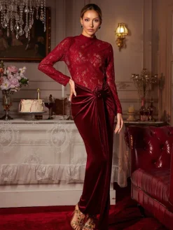 Maxi Dresses|Dresses*Mew Mews Fashion Eldrian Flower Ruched Split Lace Velvet Maxi Dress