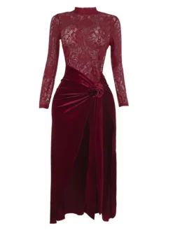 Maxi Dresses|Dresses*Mew Mews Fashion Eldrian Flower Ruched Split Lace Velvet Maxi Dress