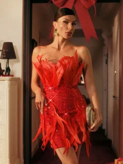 Dresses|Mini Dresses*Mew Mews Fashion Eleri Strapless Sequin Feather Mini Dress