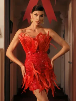 Dresses|Mini Dresses*Mew Mews Fashion Eleri Strapless Sequin Feather Mini Dress