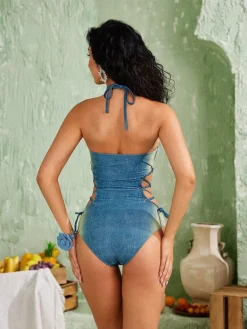 One Piece|Swimwear*Mew Mews Fashion Elijah Flower Denim One Piece Swimsuit