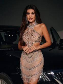 Embellishment|Dresses*Embellishment Eliya Cutout Crystal Chain Fringe Mini Dress