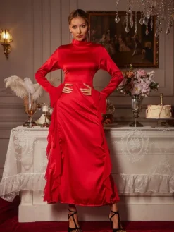 Dresses|Midi Dresses*Mew Mews Fashion Elizabegh Long Sleeve Ruffle Satin Midi Dress