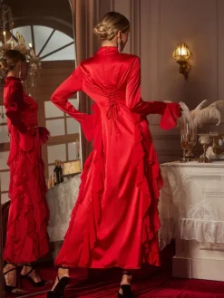 Dresses|Midi Dresses*Mew Mews Fashion Elizabegh Long Sleeve Ruffle Satin Midi Dress