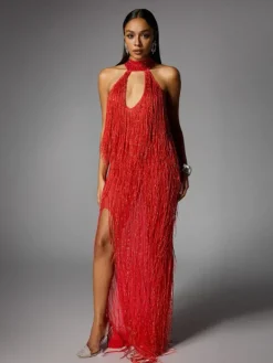 Dresses|Maxi Dresses*W Jia Elvrik Halterneck Fringe Cutout Split Maxi Dress In Red