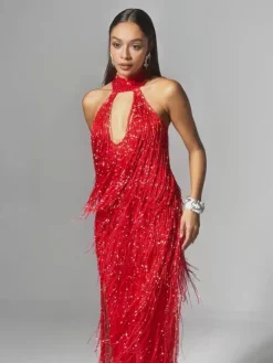 Dresses|Maxi Dresses*W Jia Elvrik Halterneck Fringe Cutout Split Maxi Dress In Red