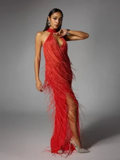 Dresses|Maxi Dresses*W Jia Elvrik Halterneck Fringe Cutout Split Maxi Dress In Red