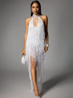 Dresses|Maxi Dresses*W Jia Elvrik Halterneck Fringe Cutout Split Maxi Dress In White