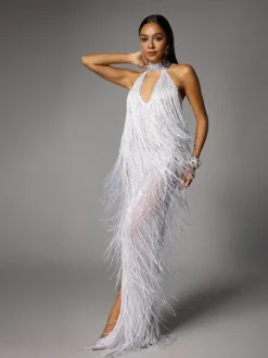 Dresses|Maxi Dresses*W Jia Elvrik Halterneck Fringe Cutout Split Maxi Dress In White