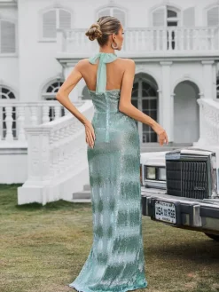 Embellishment|Dresses*Embellishment Elyssian Halterneck Split Maxi Dress In Green
