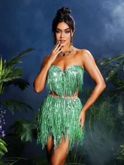 Bodysuits|Tops*Jiu Bajia O/S Emani Corset Glitter Fringe Bodysuit