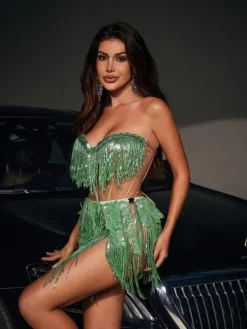 Bodysuits|Tops*Jiu Bajia O/S Emani Corset Glitter Fringe Bodysuit