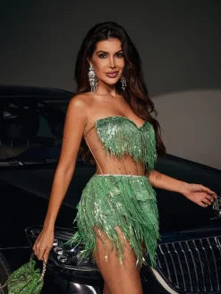 Bodysuits|Tops*Jiu Bajia O/S Emani Corset Glitter Fringe Bodysuit