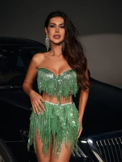 Bodysuits|Tops*Jiu Bajia O/S Emani Corset Glitter Fringe Bodysuit