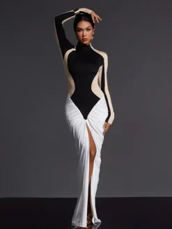 Maxi Dresses|Dresses*Mew Mews Fashion Emmly Long Sleeve Ruched Split Maxi Dress