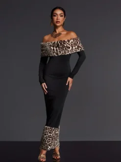 Maxi Dresses|Dresses*Mew Mews Fashion Emms Off Shoulder Leopard Maxi Dress