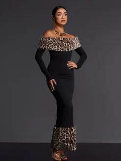 Maxi Dresses|Dresses*Mew Mews Fashion Emms Off Shoulder Leopard Maxi Dress