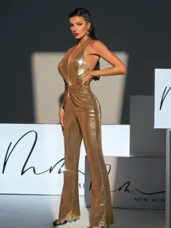 Jumpsuits & Romper*Mew Mews Fashion Enoch Backless Twisted Sequin Jumpsuit
