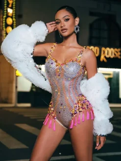 Bodysuits|Embellishment*Embellishment Eoin Rhinestone Fringe Bodysuit In Pink