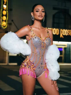 Bodysuits|Embellishment*Embellishment Eoin Rhinestone Fringe Bodysuit In Pink