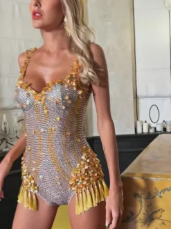 Bodysuits|Tops*Embellishment Eoin Rhinestone Fringe Bodysuit In Yellow