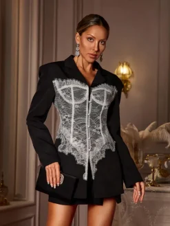 Coats & Jackets|Blazers*Mew Mews Fashion Eormenburh Deconstructed Lace Lapel Blazer In Black