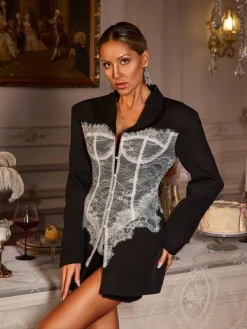 Coats & Jackets|Blazers*Mew Mews Fashion Eormenburh Deconstructed Lace Lapel Blazer In Black