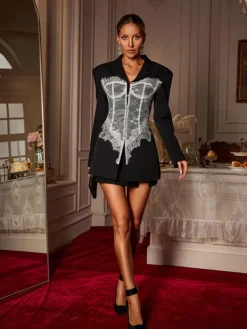 Coats & Jackets|Blazers*Mew Mews Fashion Eormenburh Deconstructed Lace Lapel Blazer In Black