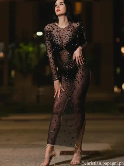 Dresses*Jiu Bajia O/S Eormengard Long Sleeve Rhinestone Maxi Dress In Black