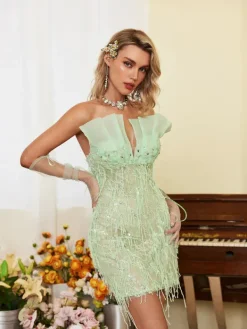 Embellishment|Dresses*Lu Yili Eos Strapless Rhinestone Fringe Dress With Gloves