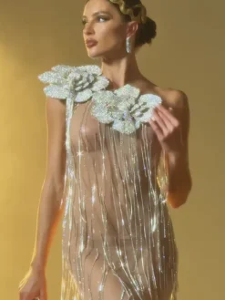 Embellishment|Maxi Dresses*Lu Yili Ephira Crystal Flower Fringe Maxi Dress