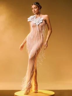 Embellishment|Maxi Dresses*Lu Yili Ephira Crystal Flower Fringe Maxi Dress