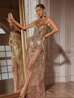 Dresses|Maxi Dresses*Jiu Bajia O/S Ephram Strapless Rhinestone Sequin Dress In Gold