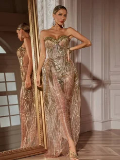Dresses|Maxi Dresses*Jiu Bajia O/S Ephram Strapless Rhinestone Sequin Dress In Gold