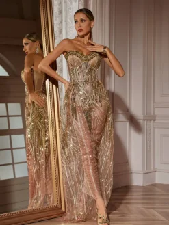 Dresses|Maxi Dresses*Jiu Bajia O/S Ephram Strapless Rhinestone Sequin Dress In Gold