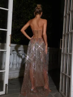 Dresses|Maxi Dresses*Jiu Bajia O/S Ephram Strapless Rhinestone Sequin Dress In Silver