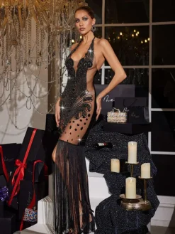 Embellishment|Dresses*Embellishment Ereni Halterneck Crystal Fringe Mesh Dress