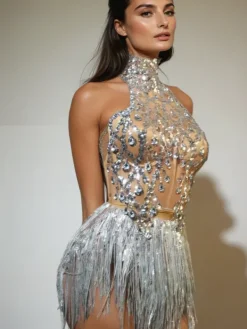 Sets & Co-ords*Jiu Bajia O/S Ermenburg Halterneck Rhinestone Fringe Skirt Set In Silver