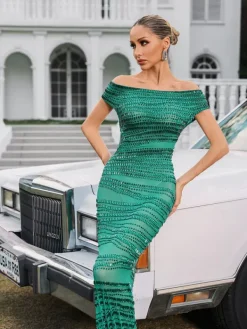 Dresses|Maxi Dresses*W Jia Eryx Off Shoulder Rhinestone Mesh Maxi Dress In Green