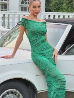 Dresses|Maxi Dresses*W Jia Eryx Off Shoulder Rhinestone Mesh Maxi Dress In Green