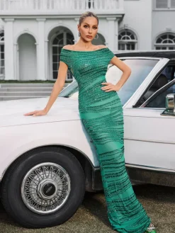 Dresses|Maxi Dresses*W Jia Eryx Off Shoulder Rhinestone Mesh Maxi Dress In Green